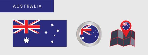 ilustraciones, imágenes clip art, dibujos animados e iconos de stock de colección de banderas australianas e iconos de pines de mapa. - british empire flag global uk