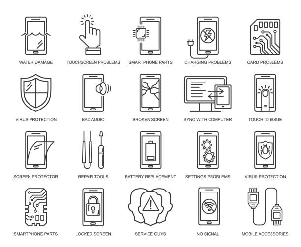 Mobile repair service line style icons set. Phone fix pattern. Smartphone common issues, repair and accessories logos. Mobile service thin line logotype and symbols. Electronic equipment, technology. vector art illustration