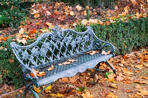 Black cast-iron bench in the Granada park. Spain.