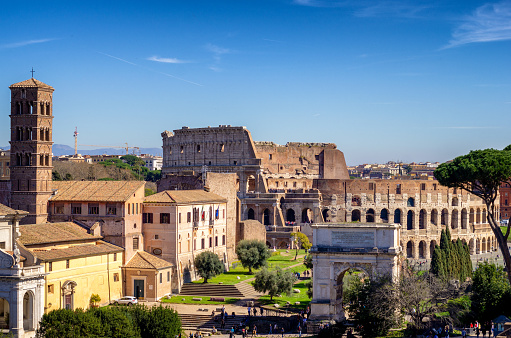 Roman Forum in Rome, Italy. Famous panorama with ancient architecture.