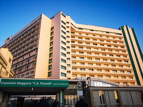 modern hospital building of Ospedale Maggiore , the main hospital in Bologna, Italy, 29 Nov 2019