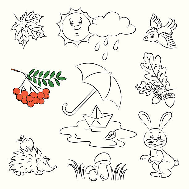 vektor-skizze clipart satz "herbst" - puddle rain boot water stock-grafiken, -clipart, -cartoons und -symbole