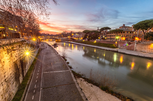 Roma, Latium - Italy - 11-25-2022: Scenic panorama of Rome with Tiber River and bridges, as seen from Castel Sant'Angelo
