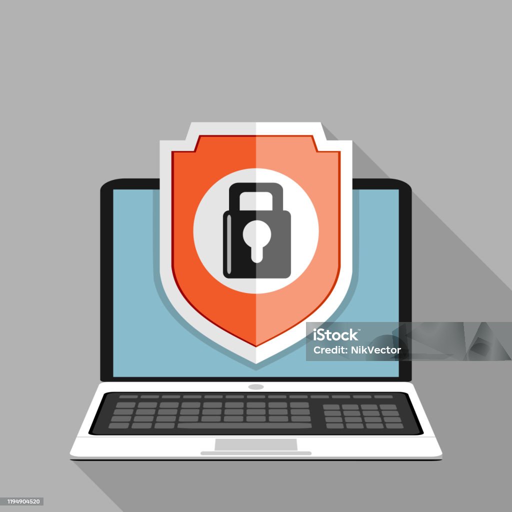 Computer Lock Shield Computer Security Concept Laptop With Shield And Lock On Table Flat ...