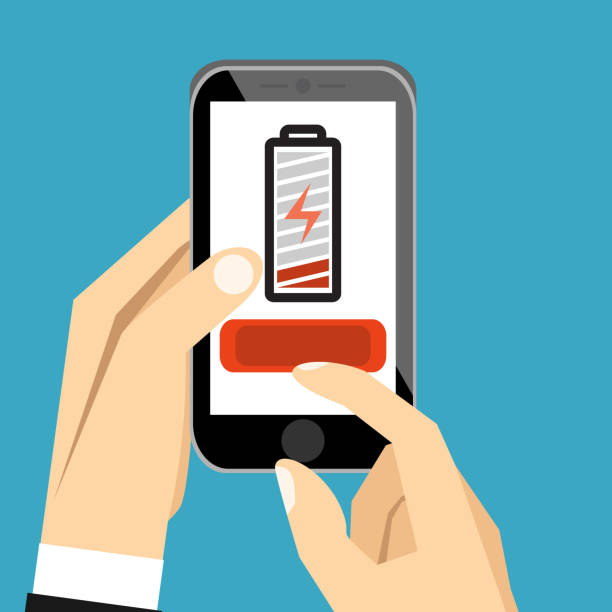 Hand holding smartphone with low battery on the screen. Flat cartoon style. Vector illustration. art, background, battery, cartoon, cell, charge, charger, concept, cover, design, digital, display, electric, electricity, empty, energy, environmental, face, finger, flat, graphic, hand, holding, icon, illustration, information, isolated, low, message, mobile, modern, people, phone, power, recharge, screen, sign, smart, smartphone, style, symbol, technology, vector, voltage, white hand holding phone white background stock illustrations