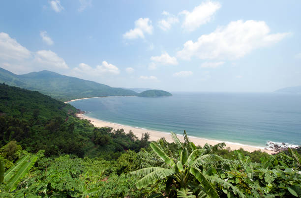 Da Nang Bay from Hai Van Pass, Central Vietnam. Wide sweeping curved Da Nang Bay and cloudscape seen from the lush tropical rainforest on the mountain of Hai Van Pass, where an episode of Top Gear was filmed, Central Vietnam