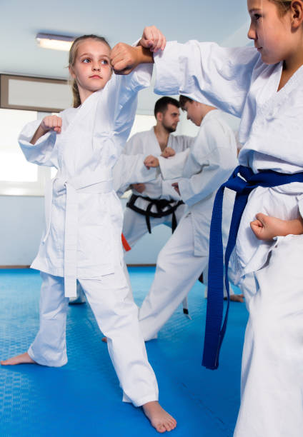 istock Young children sparring in pairs in karate class 1194908720