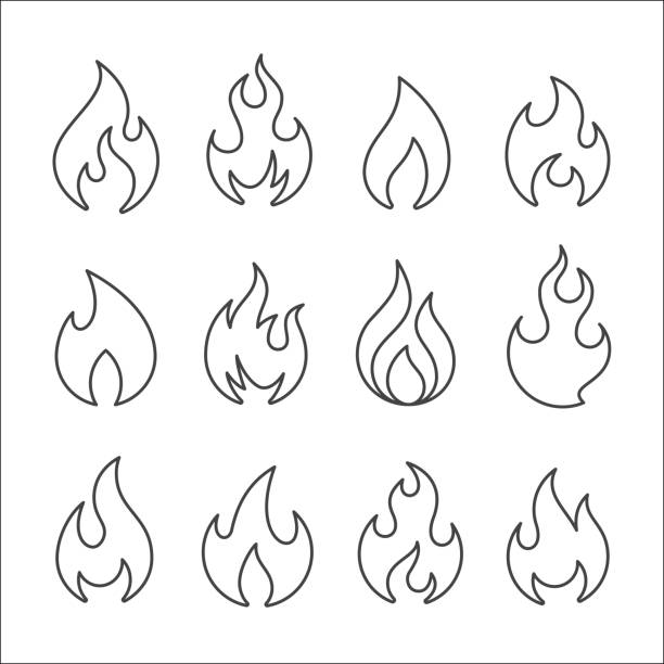 Fire charcoal draw line icons vector set stock illustration Fire charcoal icons set. Grunge outline web sign kit of bonfire. Flame linear icon collection includes danger, heat, flare. Hand drawn by pastel crayon simple fire symbol on white flame symbols stock illustrations