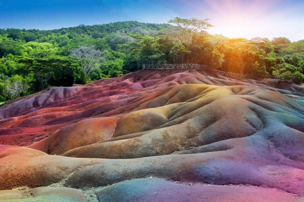 The most famous tourist place of Mauritius- Chamarel - earth of seven colors stock photo