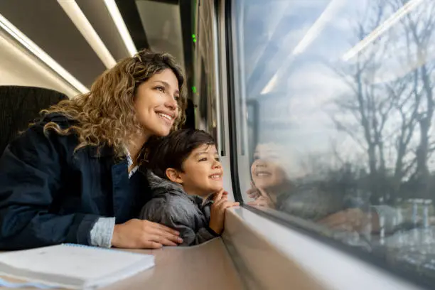 Photo of Happy single mother and son looking at the window view both smiling while traveling by train