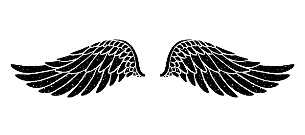 Hand drawn bird or angel grunge textured flapping wings. Black hand drawn wings silhouette for t-shirt prints, tatoo design, vintage styled poster.