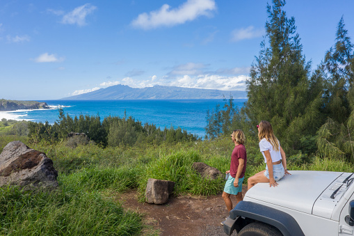 Young couple sitting on vehicle looking at seascape in Hawaii, USA
Aerial view, drone