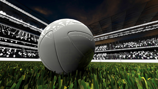 Soccer ball on grass and cheering fans waiting for game to start 3d render