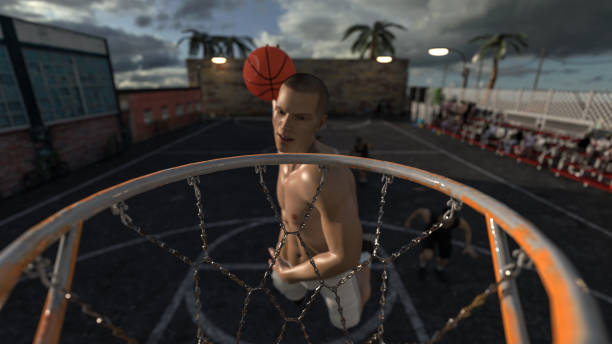 istock Basketball player jumped high and rough slam dunk rim view 3d render 1194913642