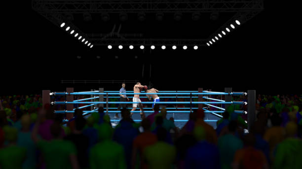 istock Box arena boxing match with boxing fans distant view 3d render 1194913667