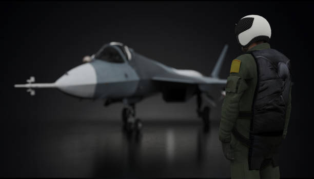 istock Soviet - Russian jet pilot looking at the stealth jet aircraft su-57 3d render 1194913676