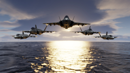F-35 jet fighters low flying over sea with flypast formatin 3d render