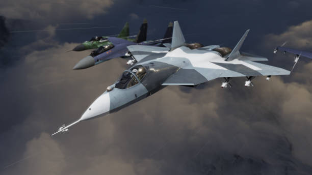 istock Three type pf russian  jet fighters flying together in finger-four formation 3d render 1194913691