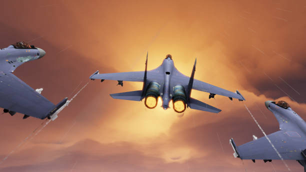 istock Russian su-35 jet fighters gaining attitude  while flying in formation together 3d render 1194913696