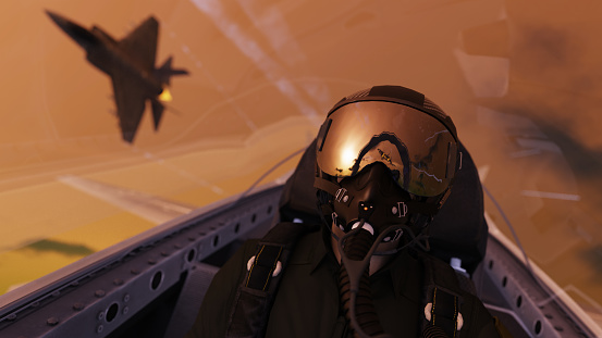 Piloto de combate a reacción con máscara de oxígeno volando juntos para la misión en la vista de la cabina 3d render photo