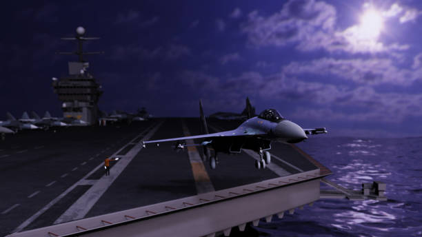 istock Take-off departure from russian aircraft carrier hosting fighting jets 3d render 1194913702