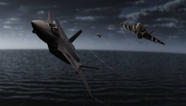 amerykańskich i chińskich stealth jets walki w powietrzu pokazano missles i ruchu 3d render - air force fighter plane pilot military zdjęcia i obrazy z banku zdjęć