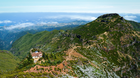 Beautiful panorama view of the footpath trail in the mountains of Pico Ruivo, Madeira.
