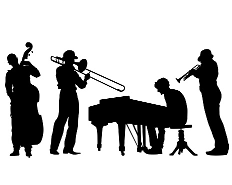 Jazz musicians with instruments . Isolated silhouettes on a white background