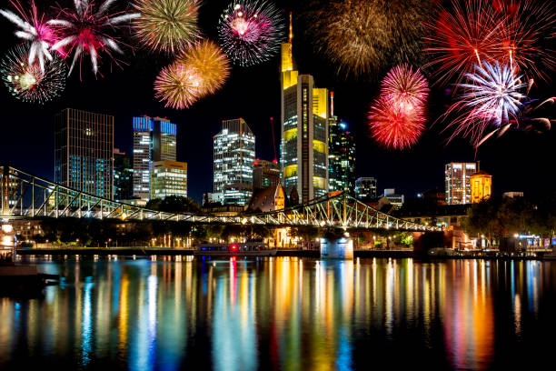 Fireworks at the Frankfurt skyline stock photo