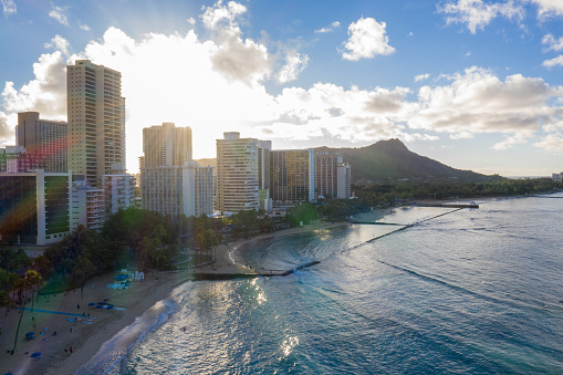 Drone view of Honolulu city, Waikiki beach, Hawaii