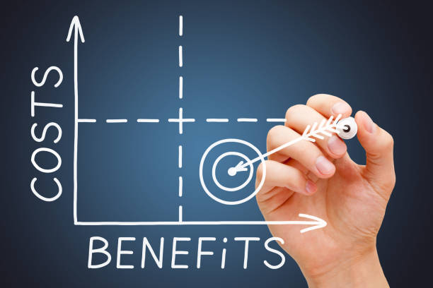 Cost Benefits Matrix Graph Concept Hand drawing Cost Benefits matrix graph concept with white marker on transparent wipe board on dark blue background. price stock pictures, royalty-free photos & images