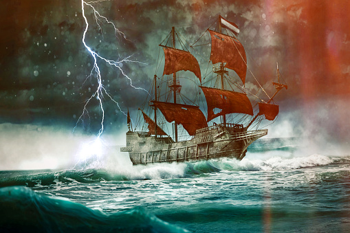 The flying Dutchman drives through the stormy night accompanied by lightning and Saint Elmo's fire- 3D-Illustration