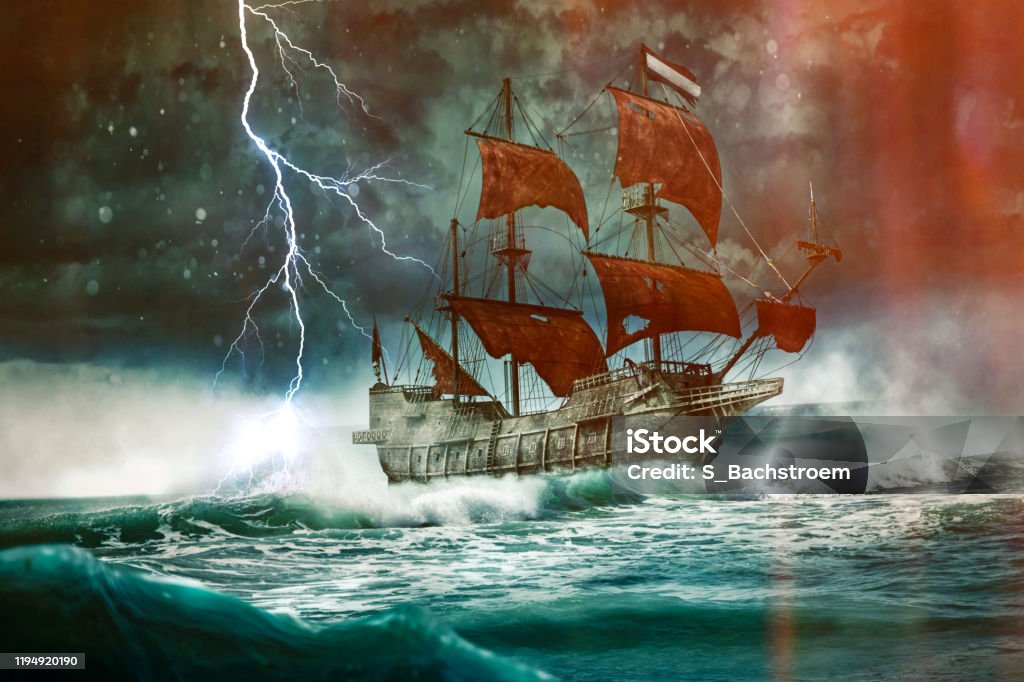 The flying Dutchman drives through the stormy night-3D-Illustration The flying Dutchman drives through the stormy night accompanied by lightning and Saint Elmo's fire- 3D-Illustration Ghost Ship Stock Photo