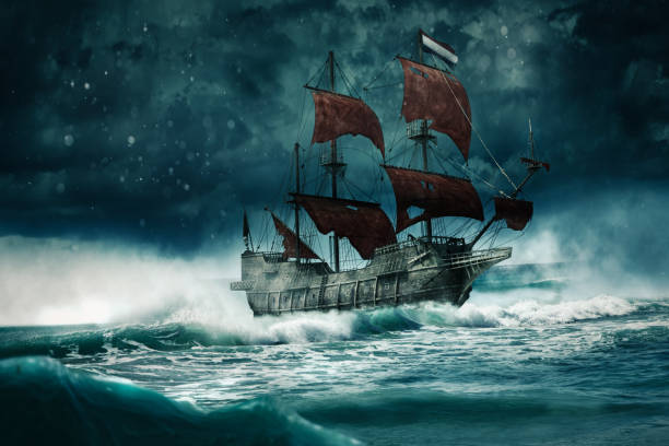 A ghost ship sails through the stormy night-3D-Illustration stock photo
