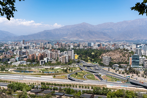 Aerial view of Vitacura and Las Condes districts from Santiago Metropolitan Park in Santiago de Chile