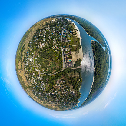 Don plain river with sandy beaches and forested banks on a hot August day (South of Russia), small planet panorama aerial view