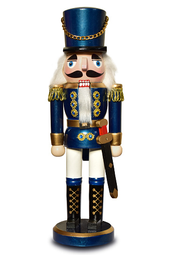 Color image depicting Nutcracker-themed ornaments on display and for sale in the store at Christmas.