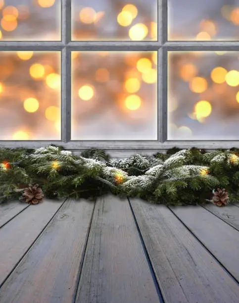 Photo of window old wood frame sprouts winter christmas
