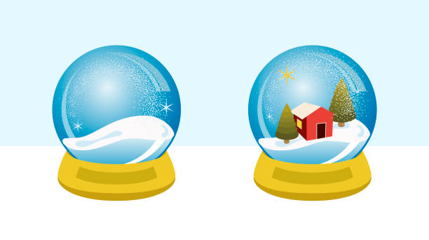 스노우 글로브 빌라, xmas 시즌 - snow globe dome glass transparent stock illustrations