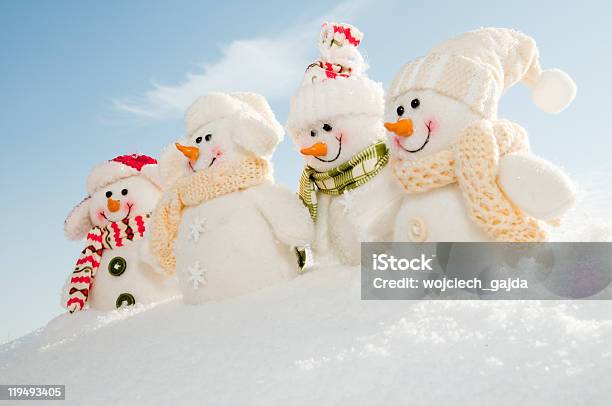 Diorama Of Snowmen Holding Hands Stock Photo - Download Image Now - Backgrounds, Christmas, Cold Temperature