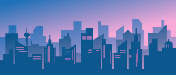 istock Silhouette of modern city with sunset or sunrise. Vector illustration. Vector illustration. 1194934330