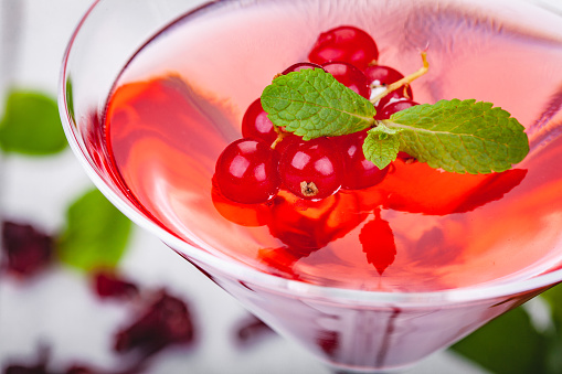 Jelly with red currant  in martini glass on wooden background. Close up