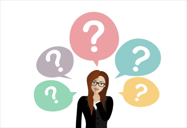 Thinking business woman standing under question marks. Young caucasian business woman thinking. Thinking business woman surrounded by question marks. Vector flat design illustration. Thinking business woman standing under question marks. Young caucasian business woman thinking. Thinking business woman surrounded by question marks. Vector flat design illustration. women under 20 stock illustrations