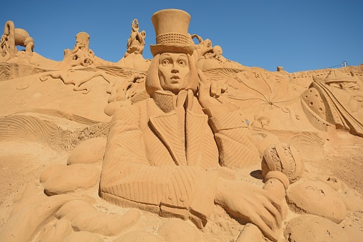 Pera.Algarve.Portugal.June 17th 2016.A sand sculpture shaped like Willy Wonka from Charlie and the chocolate factory is on display at the International sand sculpture festival in Pera in Portugal.