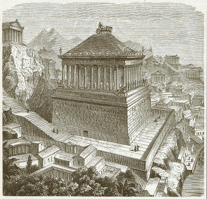 The Mausoleum at Halicarnassus or Tomb of Mausolus was a tomb built between 353 and 350 BC at Halicarnassus (present Bodrum, Turkey) for Mausolus, a satrap in the Persian Empire and Artemisia II of Caria, his wife and sister. It is considered one of the Seven Wonders of the Ancient World. Wood engraving, published in 1882.