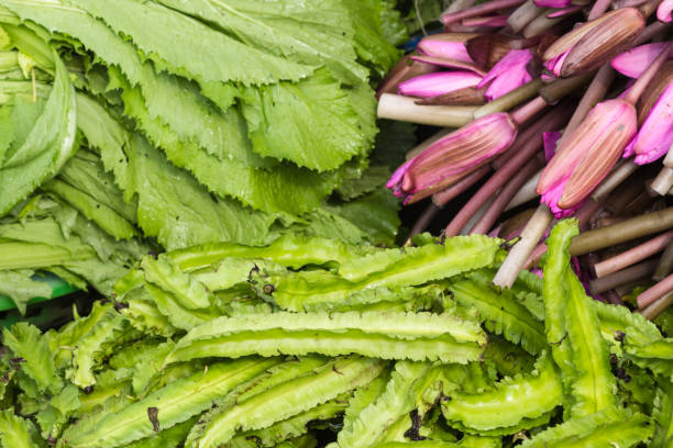 시장에 보라색 연꽃과 녹색 샐러드 - lime market vietnam fruit 뉴스 사진 이미지