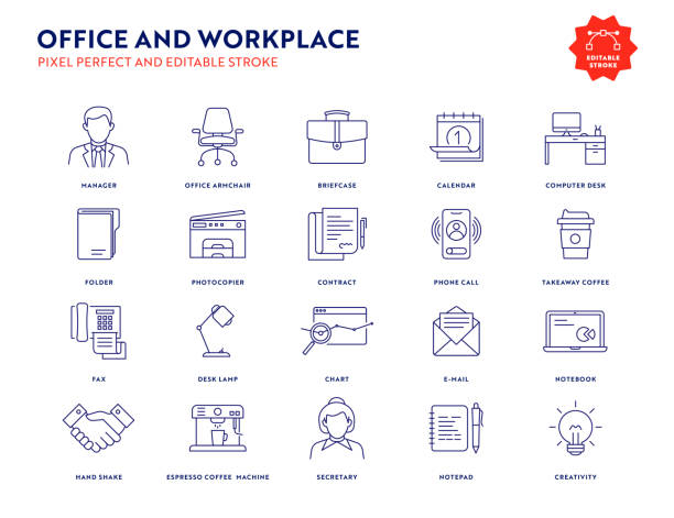 zestaw ikon pakietu office i miejsca pracy z edytowalnym obrysem i pixelem perfect. - outline desk computer office stock illustrations