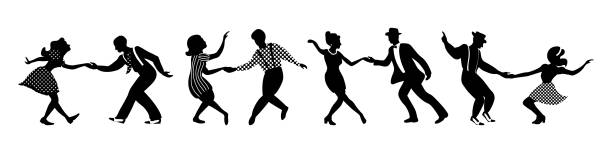 Banner with black silhouettes of dancing people Banner with four black silhouettes of dancing couples on white background. People in 1940s or 1950s style. Vector illustration. swing dancing stock illustrations