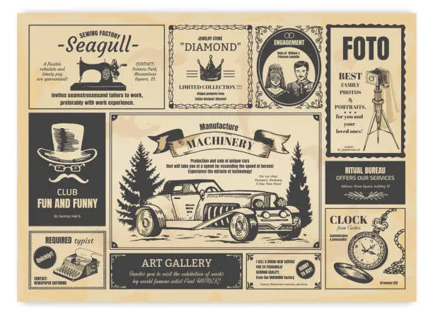 Vector illustration of Vintage newspaper advertising. Newsprint labels with retro fonts, frames and old illustrations. Vector realistic press advertising
