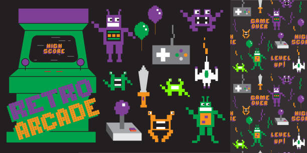 Set of Retro Arcade Gaming elements icons with repeating seamless pattern design in pixel style Vector illustration of a Set of Retro Arcade Gaming elements icons with repeating seamless pattern design in pixel style. Includes pixel style retro arcade graphics such as robots, joystick, game controller, spaceship, sword, aliens, balloons and seamless pattern design such as High Score, Game Over and Level Up! Easy to edit. EPS 10. space invaders game stock illustrations